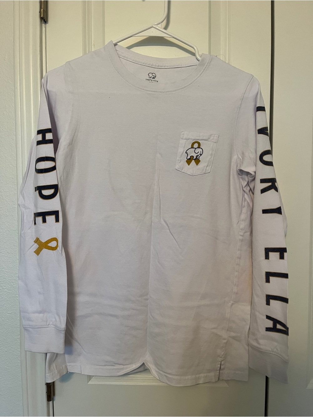 White Long Sleeve Pocket Tee with Gold Ribbon